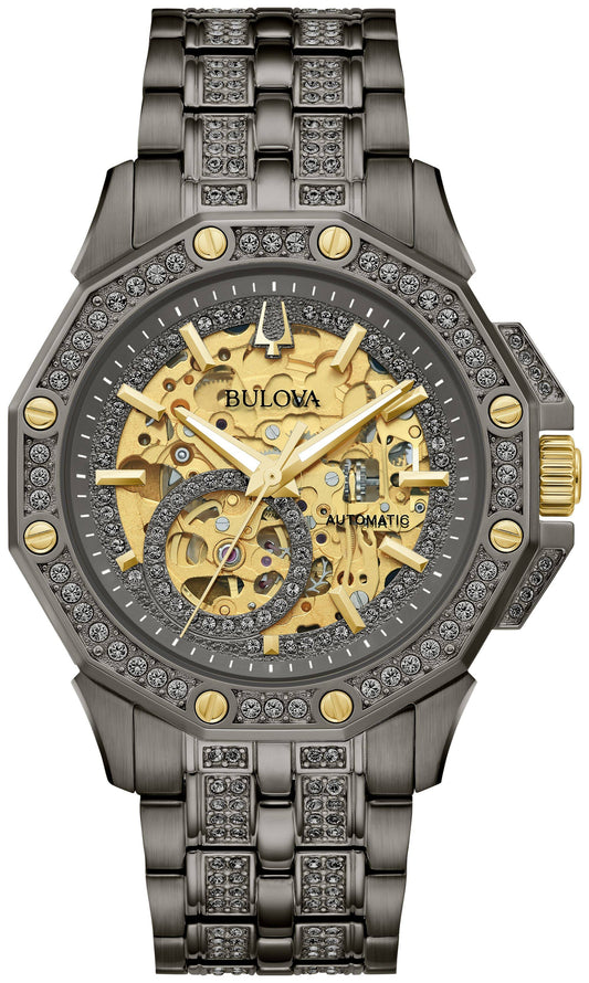 Octava Automatic Crystal Gold Skeleton Dial Men's Watch 98a293, Automatic Movement, Stainless Steel Set With Crystals Strap, 41.7 Mm Case In